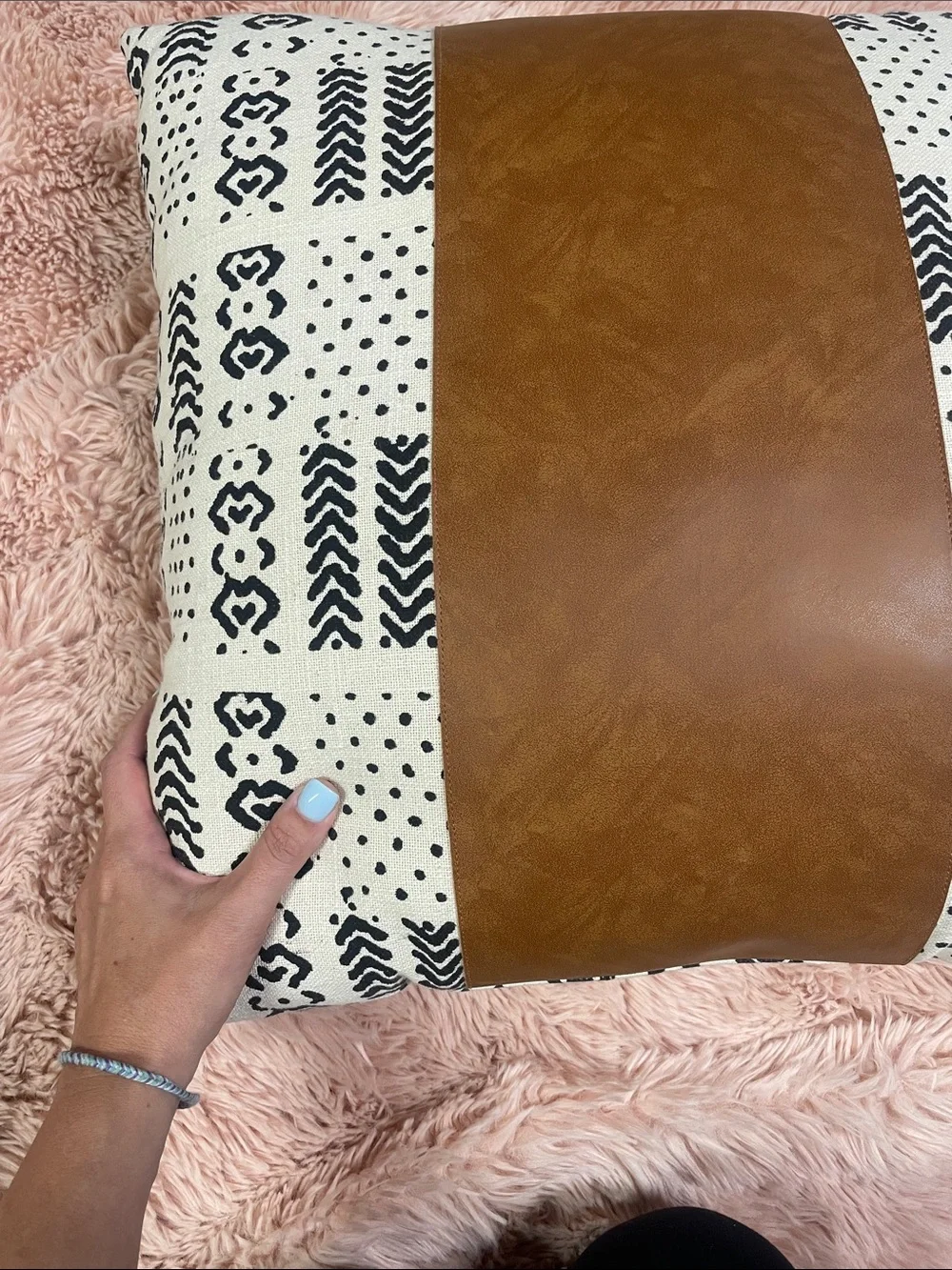 Faux Leather Accent Pillow with Black & Cream Pattern